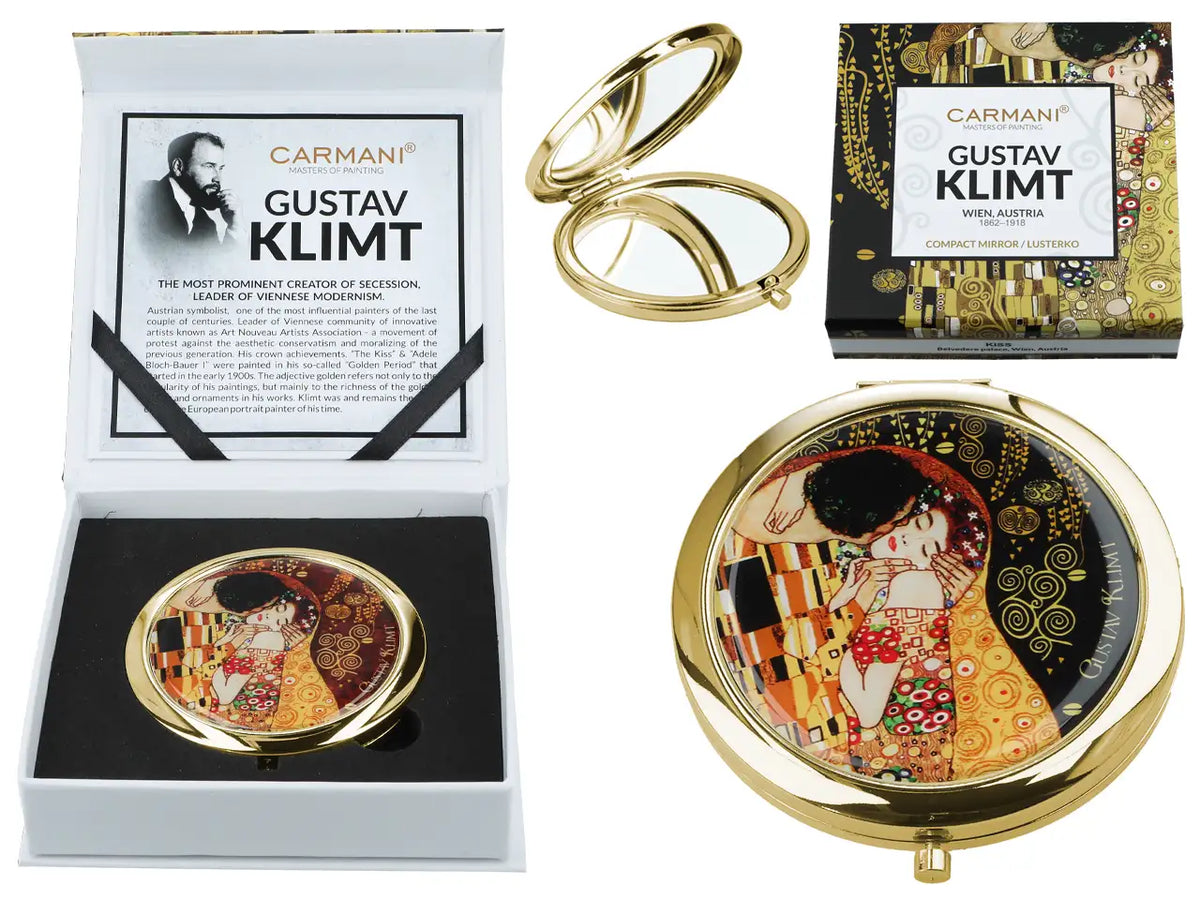 Espelho de bolso — Gustav Klimt, O Beijo (fundo preto) — CARMANI